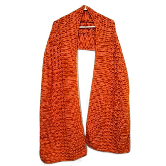 Handmade crocheted scarf, burnt orange color, with opening to secure scarf, 93" - Picture 1 of 8